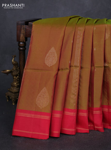Dual Shade Of Light Green & Red Kanchipuram Soft Silk Sarees - Zari Weaves