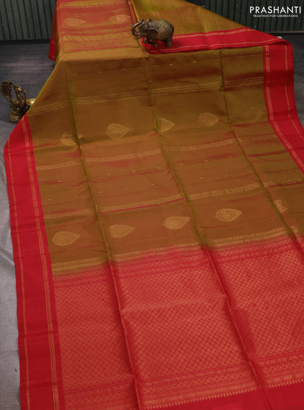 Dual Shade Of Light Green & Red Kanchipuram Soft Silk Sarees - Zari Weaves