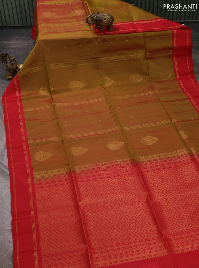 Dual Shade Of Light Green & Red Kanchipuram Soft Silk Sarees - Zari Weaves