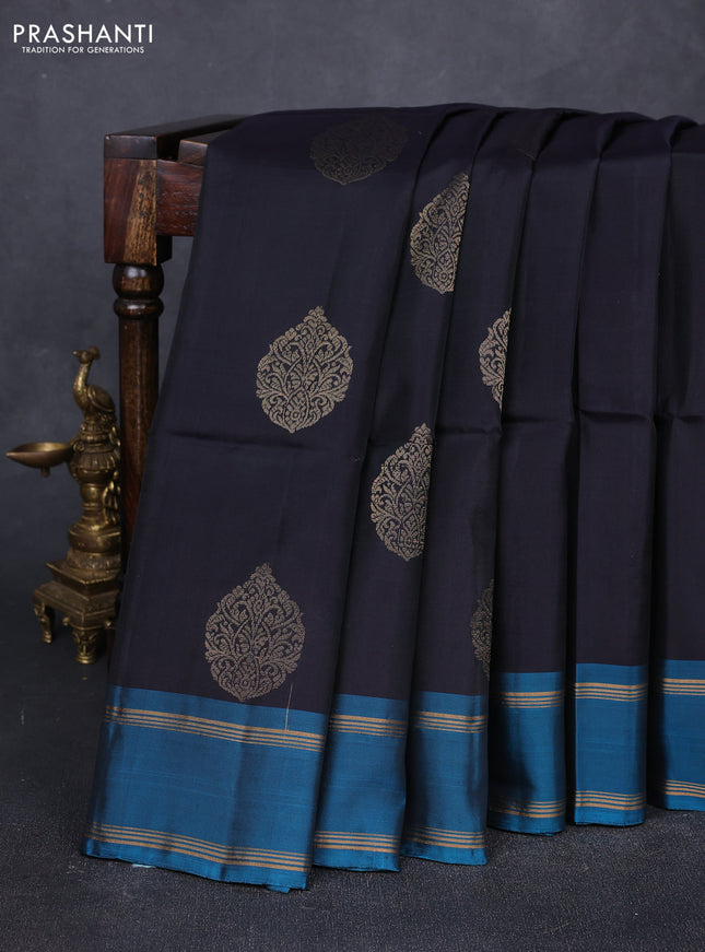 Deep Navy Blue & Peacock Blue Kanchipuram Soft Silk Sarees - Buttas