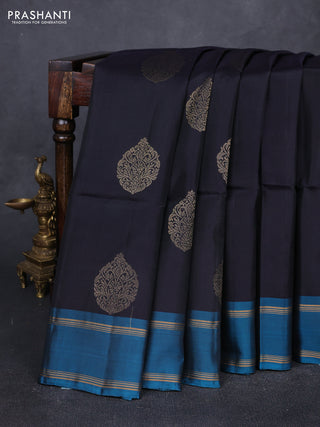 Deep Navy Blue & Peacock Blue Kanchipuram Soft Silk Sarees - Buttas
