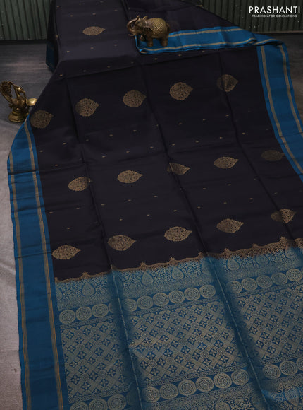 Deep Navy Blue & Peacock Blue Kanchipuram Soft Silk Sarees - Buttas