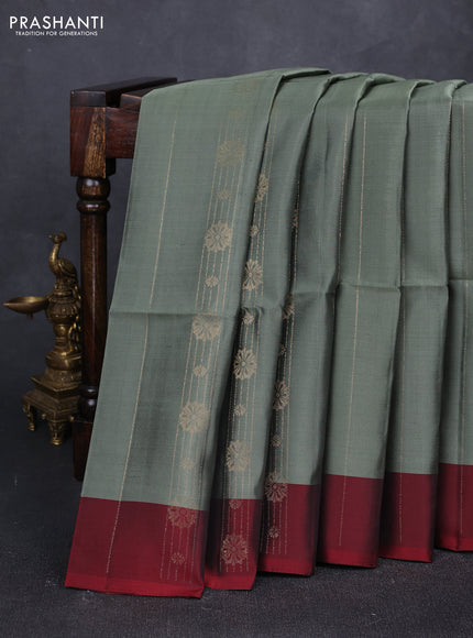 Greyish Green & Maroon Kanchipuram Soft Silk Sarees - Zari Weaves