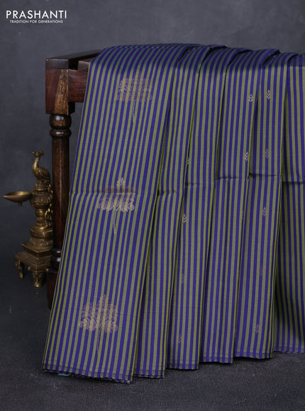 Blue Light Green & Purple Kanchipuram Soft Silk Sarees - Allover Stripes