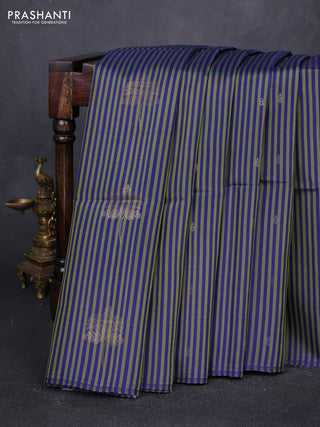 Blue Light Green & Purple Kanchipuram Soft Silk Sarees - Allover Stripes