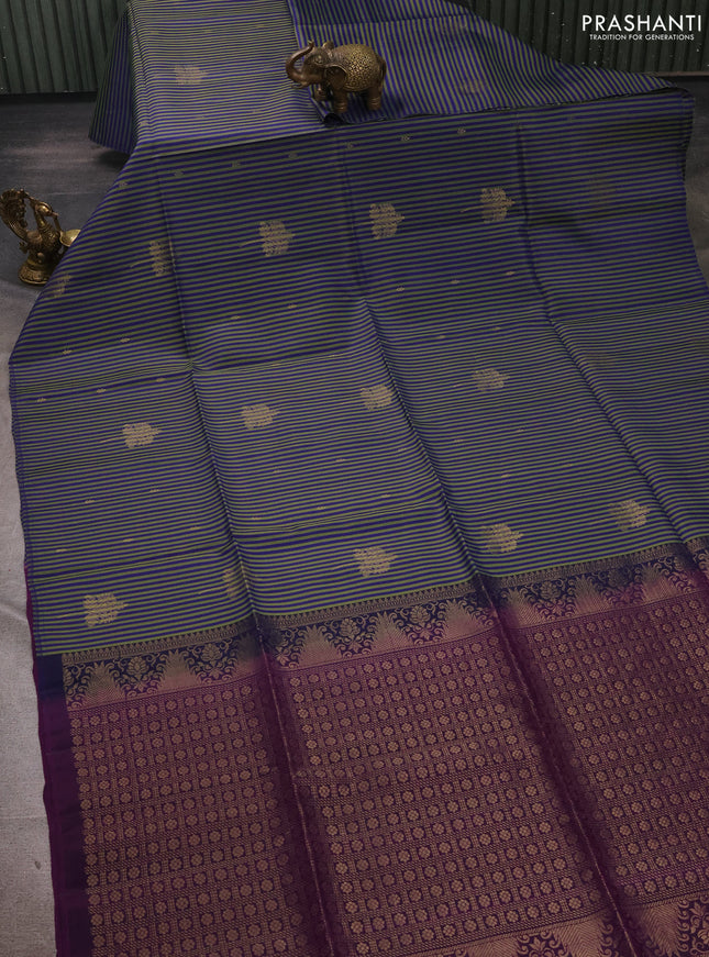 Blue Light Green & Purple Kanchipuram Soft Silk Sarees - Allover Stripes