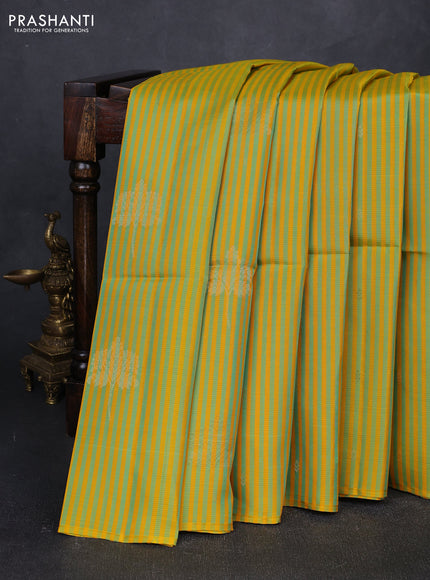 Mustard Teal Green & Pink Kanchipuram Soft Silk Sarees - Allover Stripes