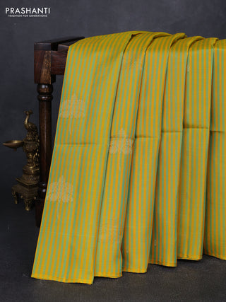 Mustard Teal Green & Pink Kanchipuram Soft Silk Sarees - Allover Stripes