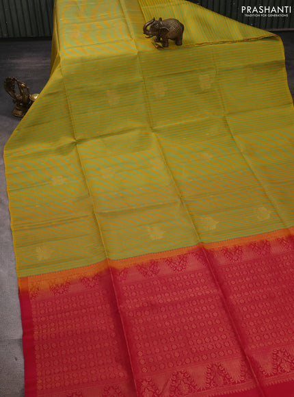 Mustard Teal Green & Pink Kanchipuram Soft Silk Sarees - Allover Stripes