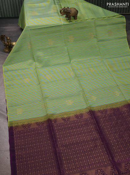 Light Green Blue & Purple Kanchipuram Soft Silk Sarees - Allover Stripes