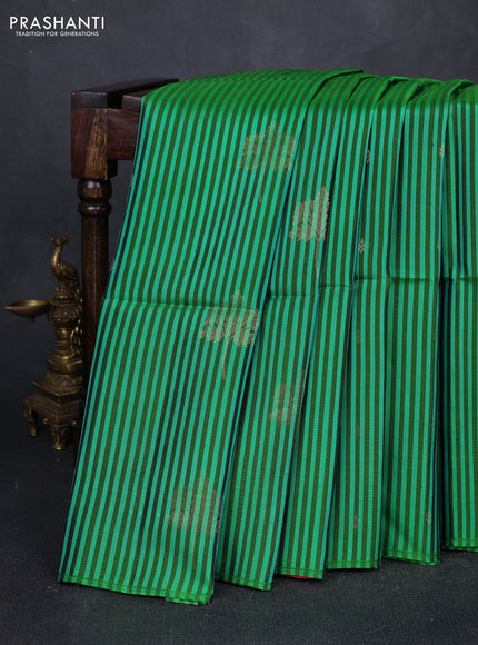 Bottle Green Teal Green & Pink Kanchipuram Soft Silk Sarees - Allover Stripes