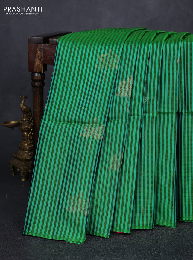 Bottle Green Teal Green & Pink Kanchipuram Soft Silk Sarees - Allover Stripes