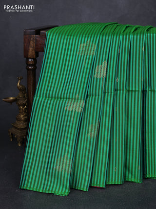 Bottle Green Teal Green & Pink Kanchipuram Soft Silk Sarees - Allover Stripes