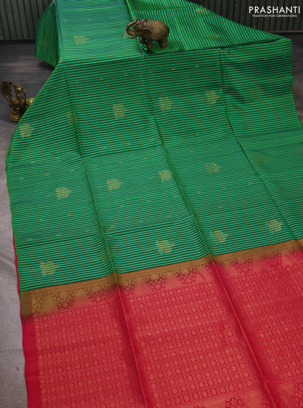 Bottle Green Teal Green & Pink Kanchipuram Soft Silk Sarees - Allover Stripes