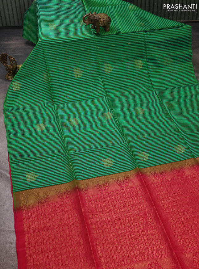Bottle Green Teal Green & Pink Kanchipuram Soft Silk Sarees - Allover Stripes