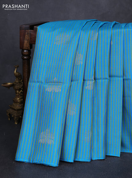 Cs Blue Light Green & Purple Kanchipuram Soft Silk Sarees - Allover Stripes