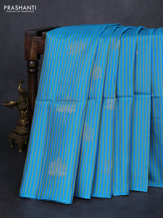 Cs Blue Light Green & Purple Kanchipuram Soft Silk Sarees - Allover Stripes