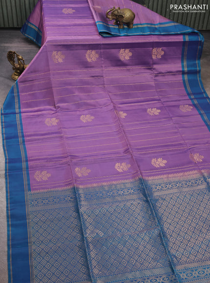 Pastel Purple & Dual Shade Of Teal Blue Kanchipuram Soft Silk Sarees - Zari Weaves