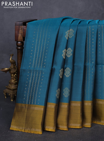 Peacock Green & Mustard Yellow Kanchipuram Soft Silk Sarees - Zari Weaves