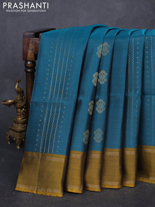 Peacock Green & Mustard Yellow Kanchipuram Soft Silk Sarees - Zari Weaves