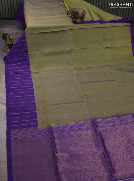 Olive Green & Violet Kanchipuram Soft Silk Sarees - Buttas