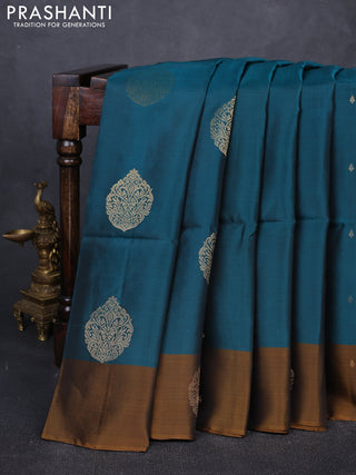 Peacock Green & Dark Mustard Kanchipuram Soft Silk Sarees - Buttas