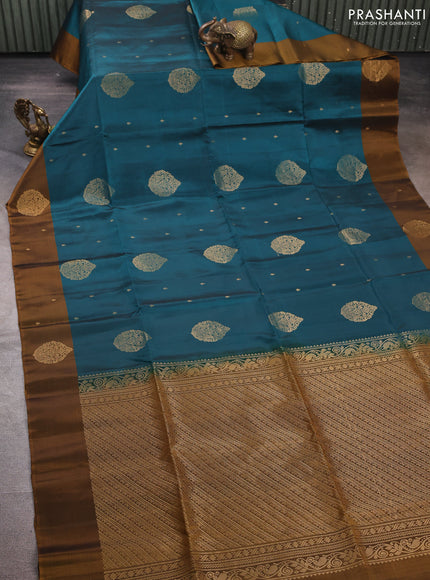 Peacock Green & Dark Mustard Kanchipuram Soft Silk Sarees - Buttas