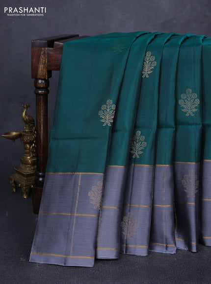 Peacock Green & Grey Kanchipuram Soft Silk Sarees - Buttas
