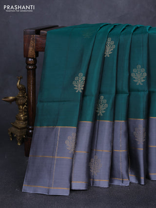 Peacock Green & Grey Kanchipuram Soft Silk Sarees - Buttas