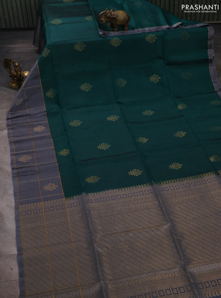 Peacock Green & Grey Kanchipuram Soft Silk Sarees - Buttas