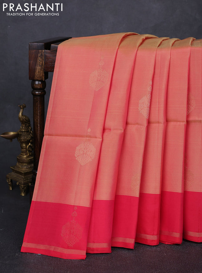 Dual Shade Of Pale Orange & Pink Kanchipuram Soft Silk Sarees - Buttas