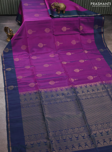 Purple & Dual Shade Of Greenish Purple Kanchipuram Soft Silk Sarees - Buttas