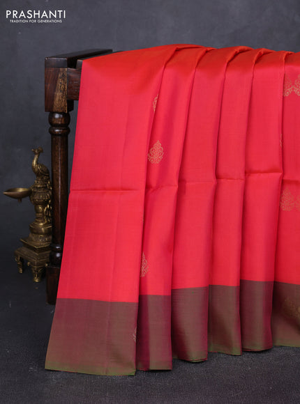 Red & Dual Shade Of Pinkish Green Kanchipuram Soft Silk Sarees - Buttas