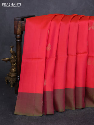 Red & Dual Shade Of Pinkish Green Kanchipuram Soft Silk Sarees - Buttas