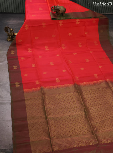 Red & Dual Shade Of Pinkish Green Kanchipuram Soft Silk Sarees - Buttas