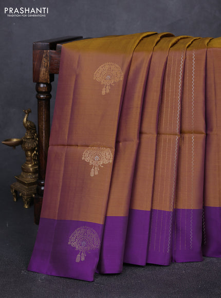 Dark Mustard  & Violet Kanchipuram Soft Silk Sarees - Buttas