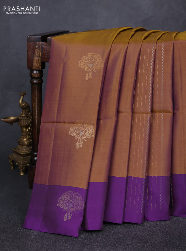 Dark Mustard  & Violet Kanchipuram Soft Silk Sarees - Buttas