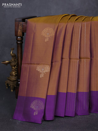 Dark Mustard  & Violet Kanchipuram Soft Silk Sarees - Buttas