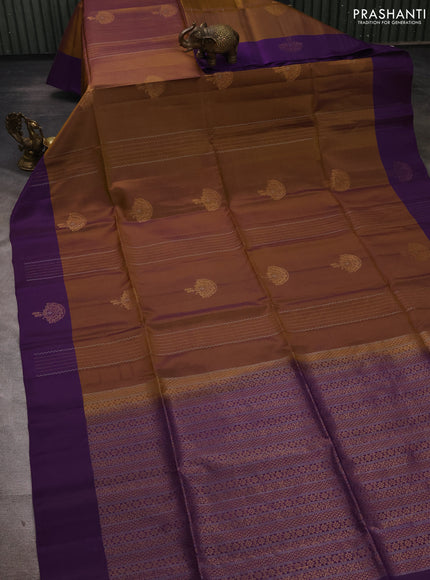 Dark Mustard  & Violet Kanchipuram Soft Silk Sarees - Buttas