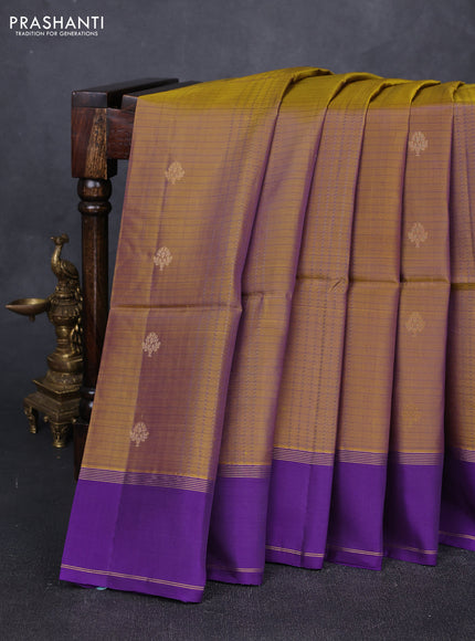 Dark Mustard & Violet Kanchipuram Soft Silk Sarees - Allover Stripes