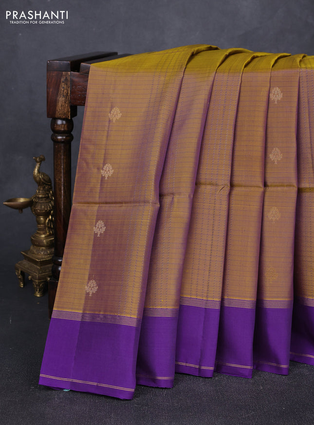 Dark Mustard & Violet Kanchipuram Soft Silk Sarees - Allover Stripes