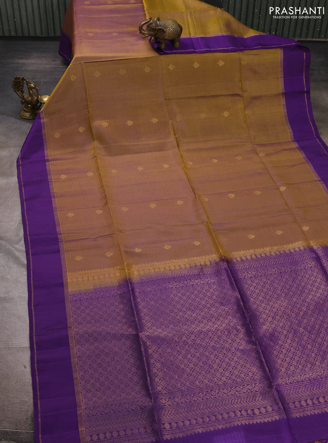 Dark Mustard & Violet Kanchipuram Soft Silk Sarees - Allover Stripes