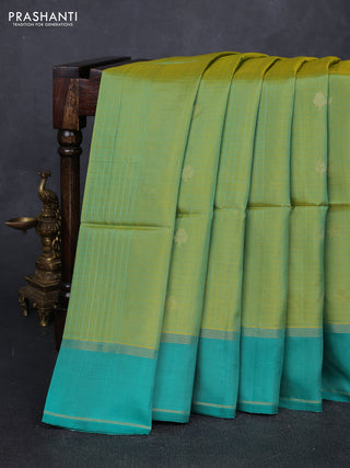 Dual Shade Of Mustard Green & Teal Green Kanchipuram Soft Silk Sarees - Allover Stripes