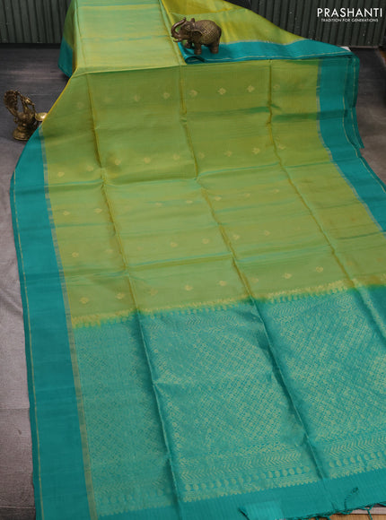 Dual Shade Of Mustard Green & Teal Green Kanchipuram Soft Silk Sarees - Allover Stripes