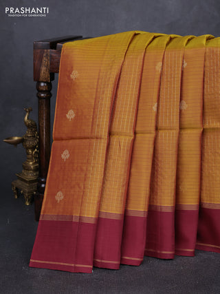 Dark Mustard & Deep Maroon Kanchipuram Soft Silk Sarees - Zari Weaves