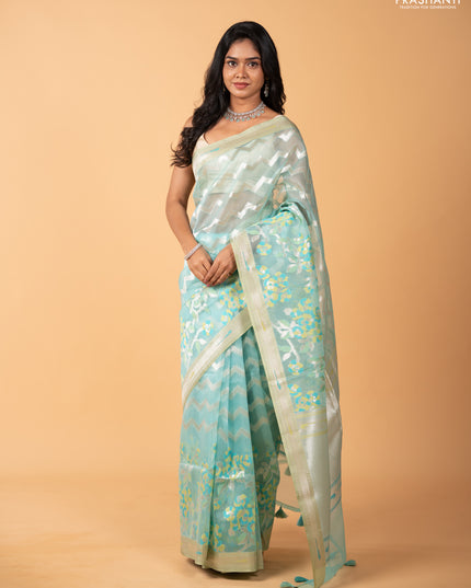 Sky Blue & Pista Green Kora Jamdhani Silk Saree