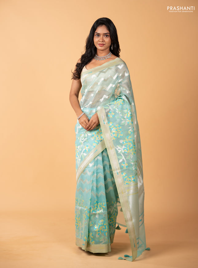 Sky Blue & Pista Green Kora Jamdhani Silk Saree
