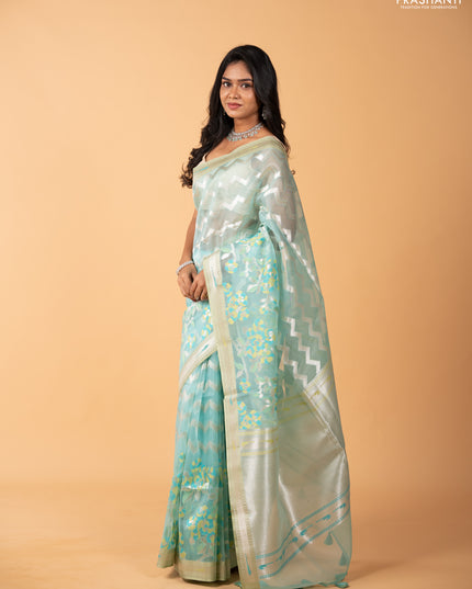 Sky Blue & Pista Green Kora Jamdhani Silk Saree