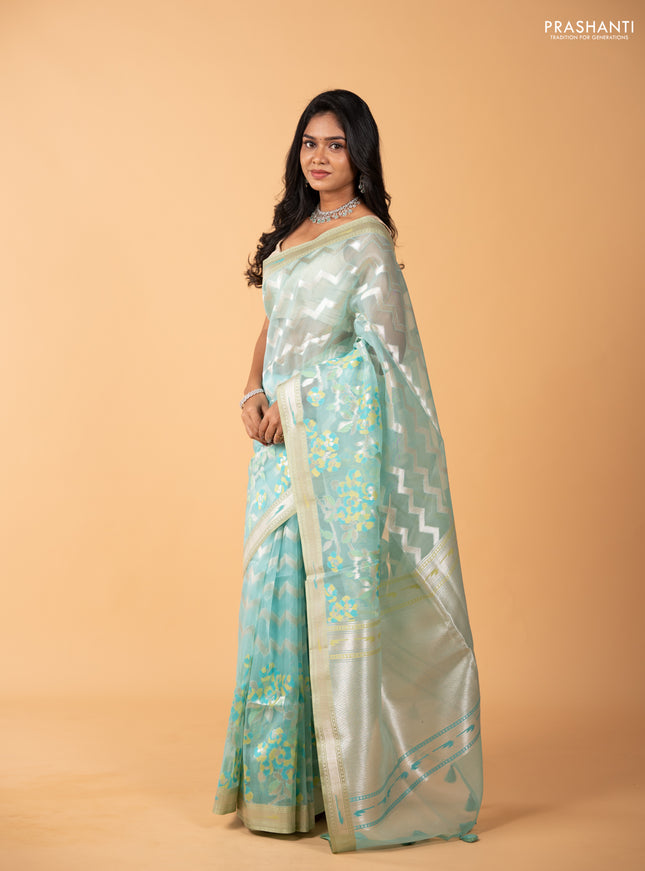 Sky Blue & Pista Green Kora Jamdhani Silk Saree