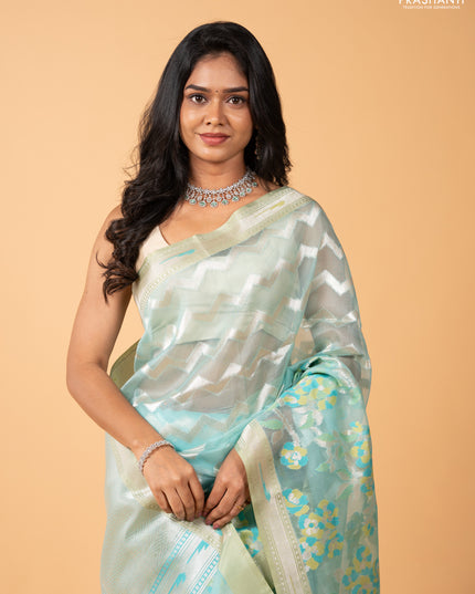 Sky Blue & Pista Green Kora Jamdhani Silk Saree